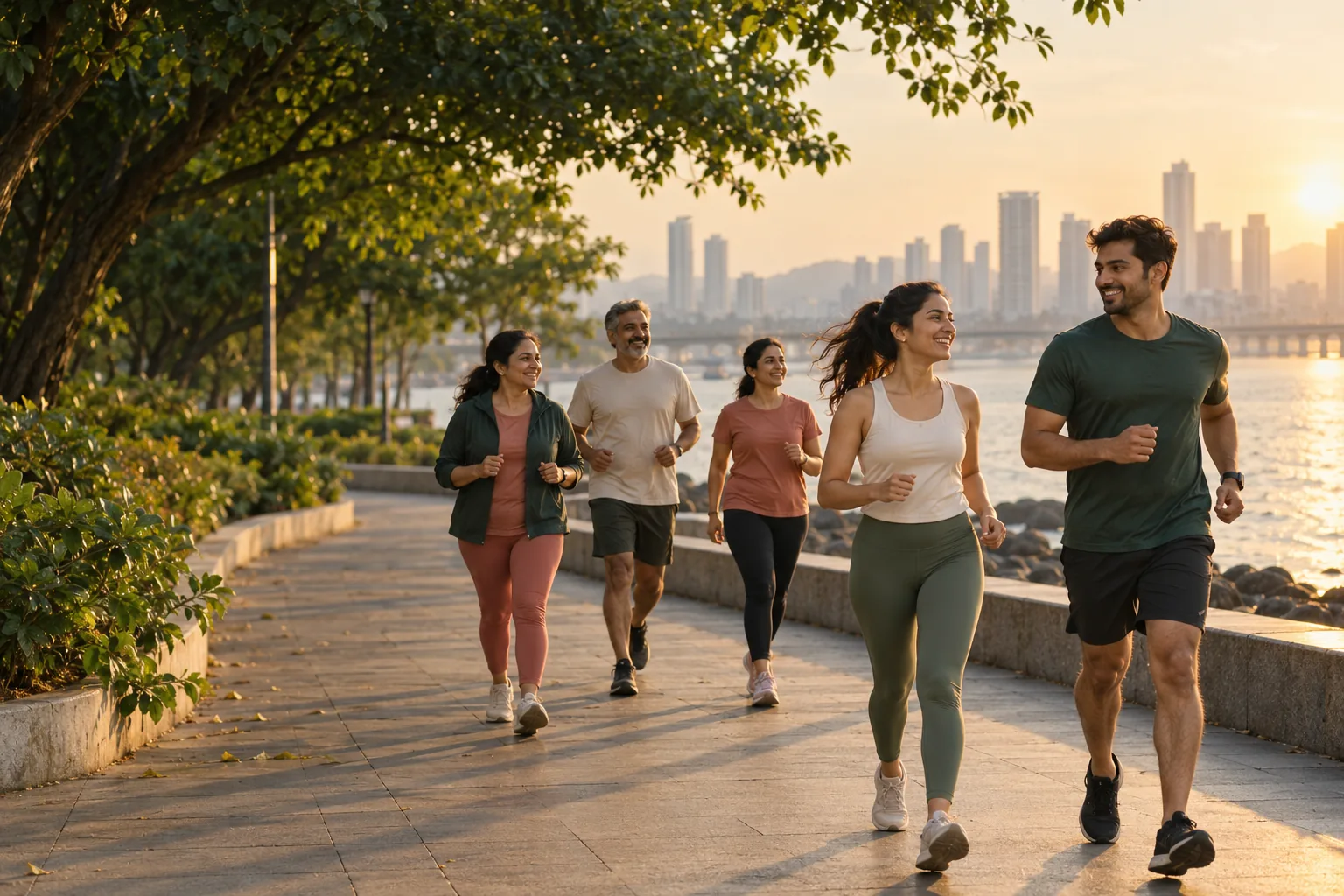 Illustrative image of Indian adults walking and jogging together beside the waterfront